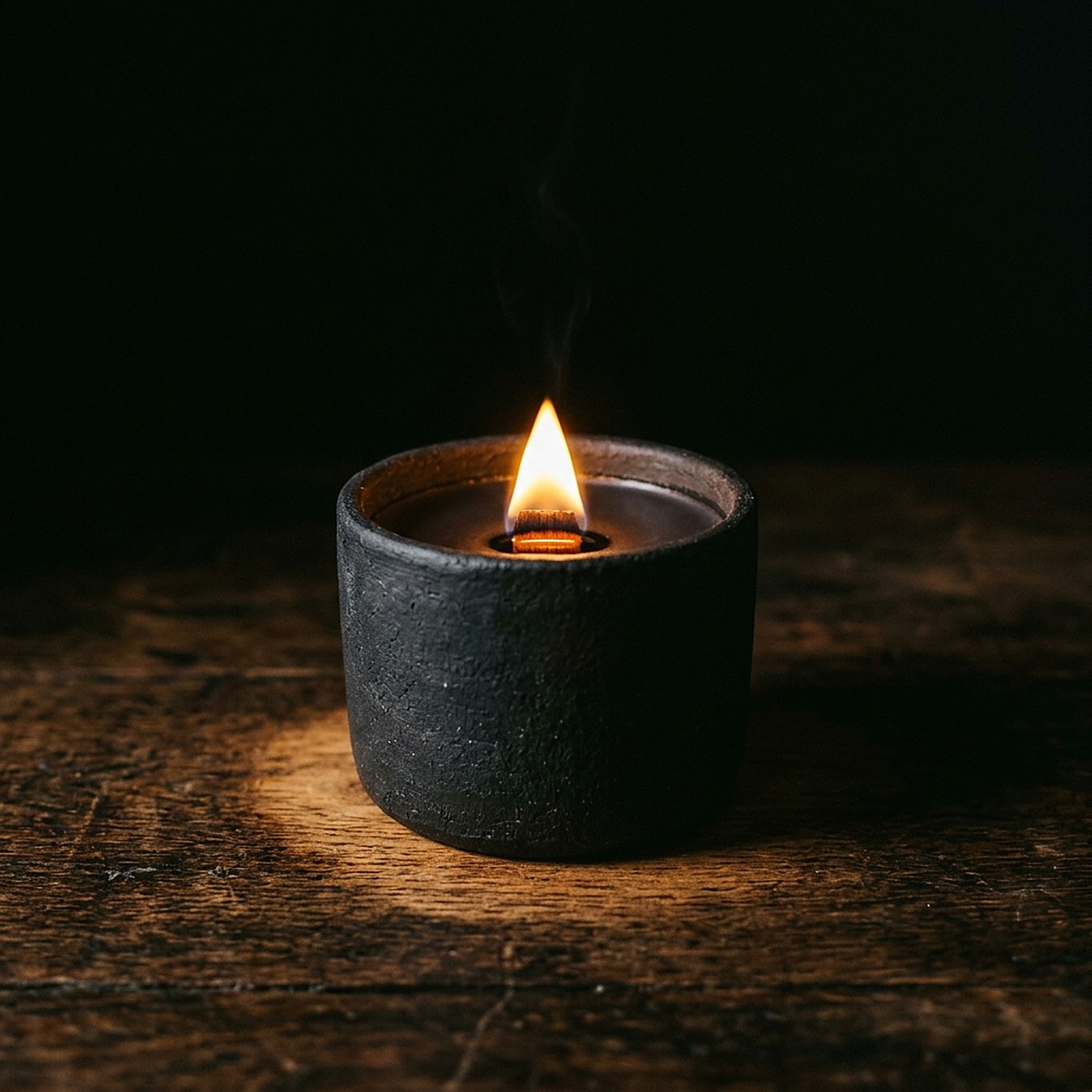 A Pale Hour candle burning on a dark table