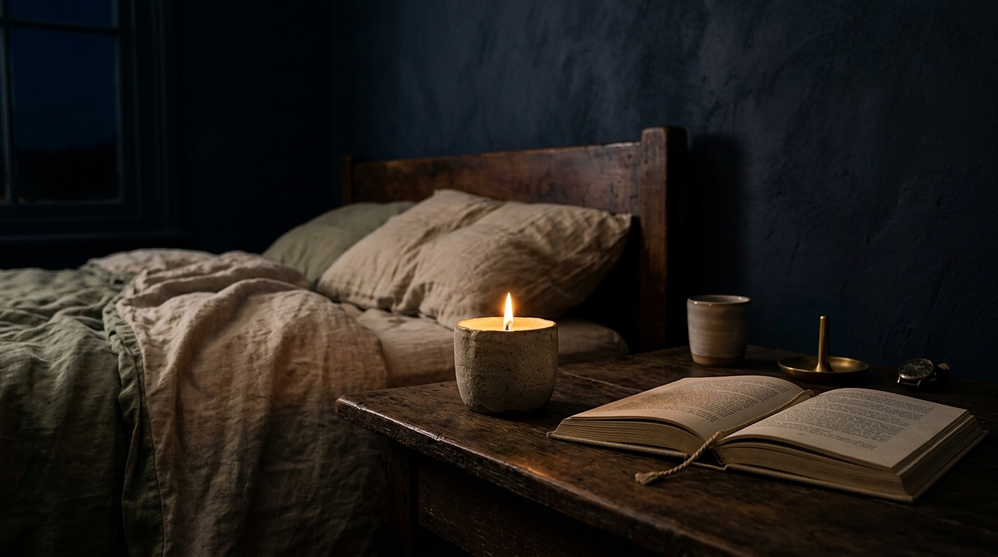 A candle on a bedside table at night